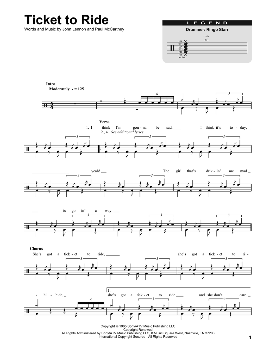 Ticket to Ride - The Beatles - Full Drum Transcription / Drum Sheet Music - SheetMusicDirect DT