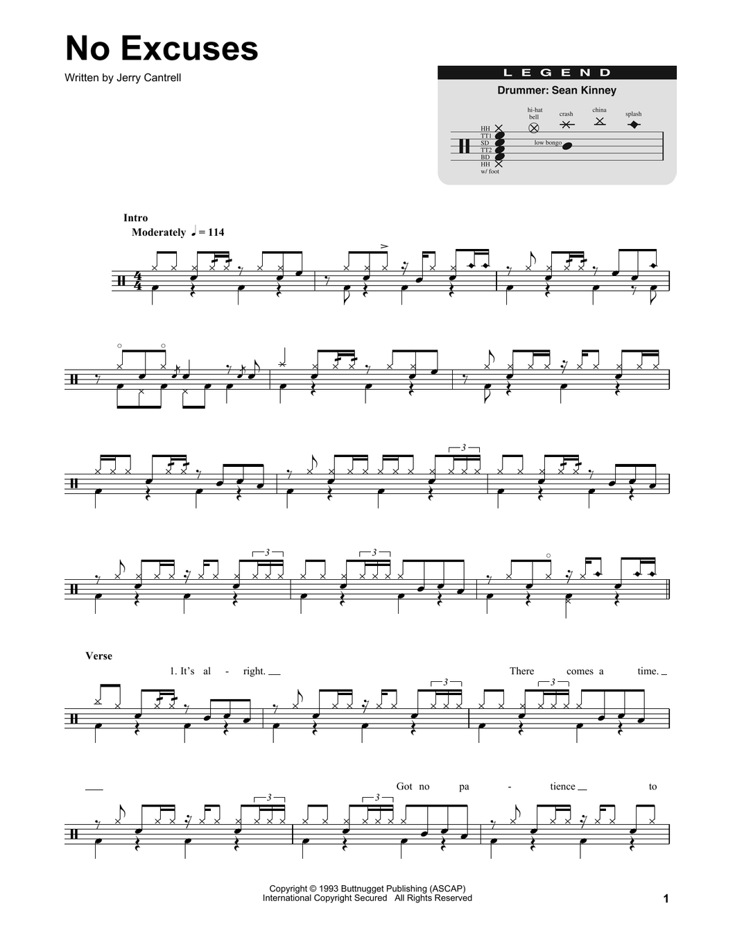 No Excuses - Alice in Chains - Full Drum Transcription / Drum Sheet Music - SheetMusicDirect DT