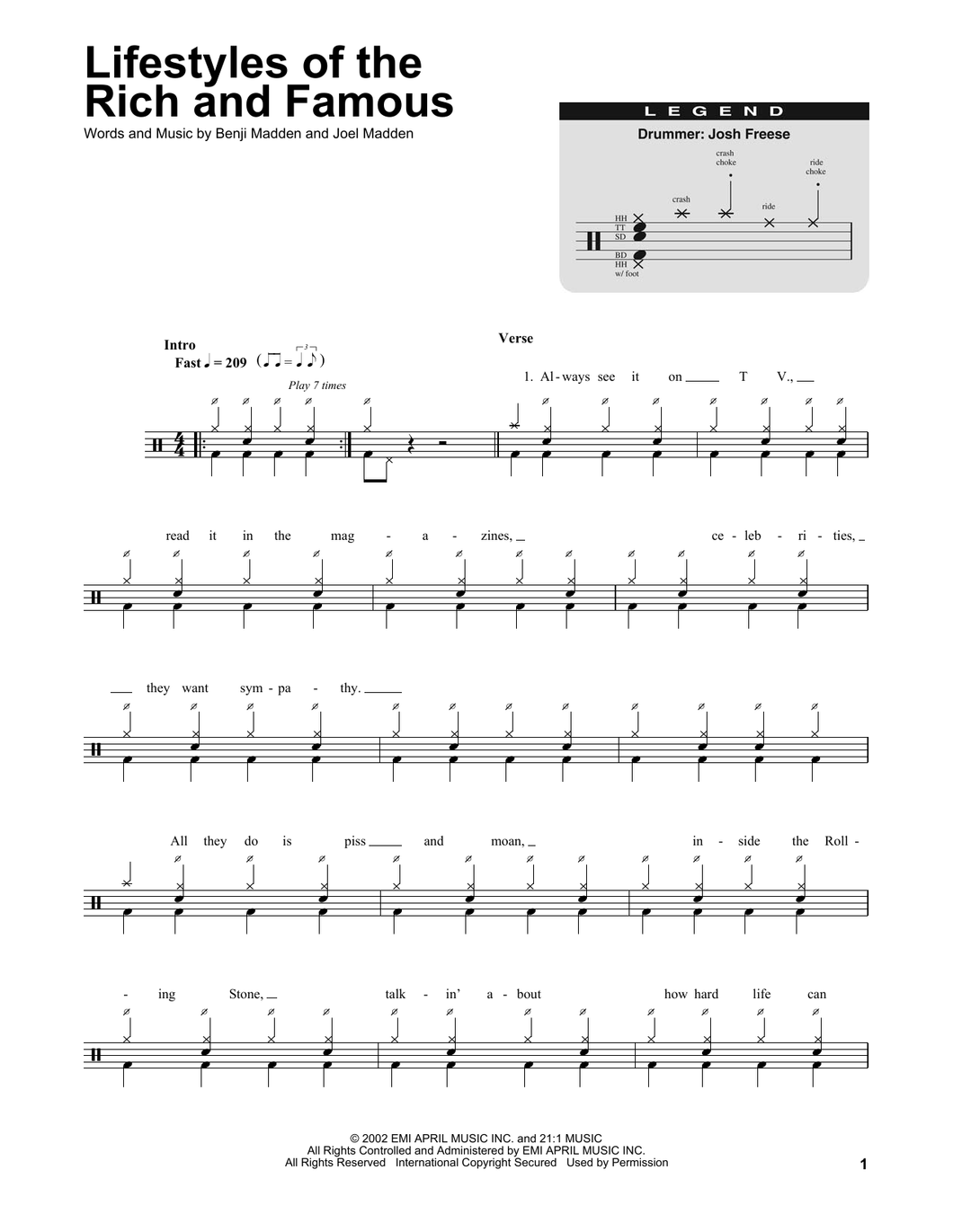 Lifestyles of the Rich and Famous - Good Charlotte - Full Drum Transcription / Drum Sheet Music - SheetMusicDirect DT