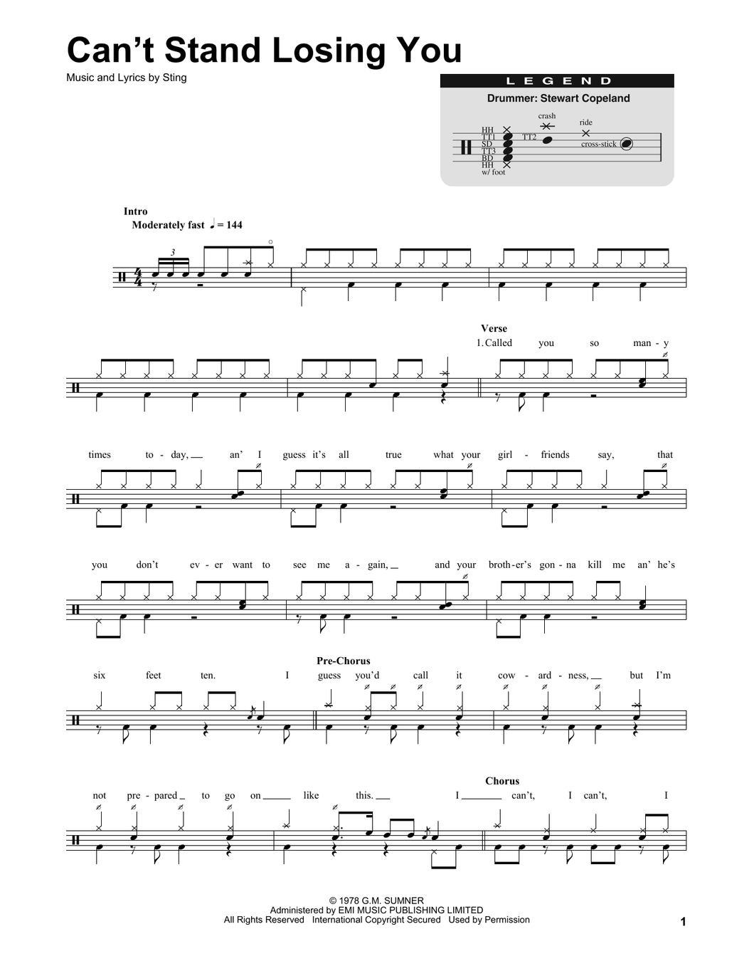 Can't Stand Losing You - The Police - Full Drum Transcription / Drum Sheet Music - SheetMusicDirect DT