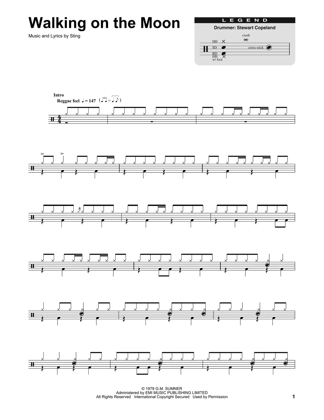 Walking on the Moon - The Police - Full Drum Transcription / Drum Sheet Music - SheetMusicDirect DT