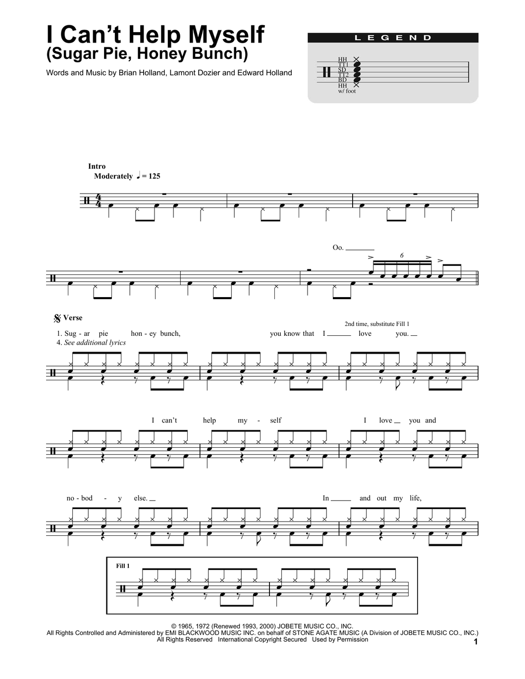I Can't Help Myself (Sugar Pie, Honey Bunch) - The Four Tops - Full Drum Transcription / Drum Sheet Music - SheetMusicDirect DT