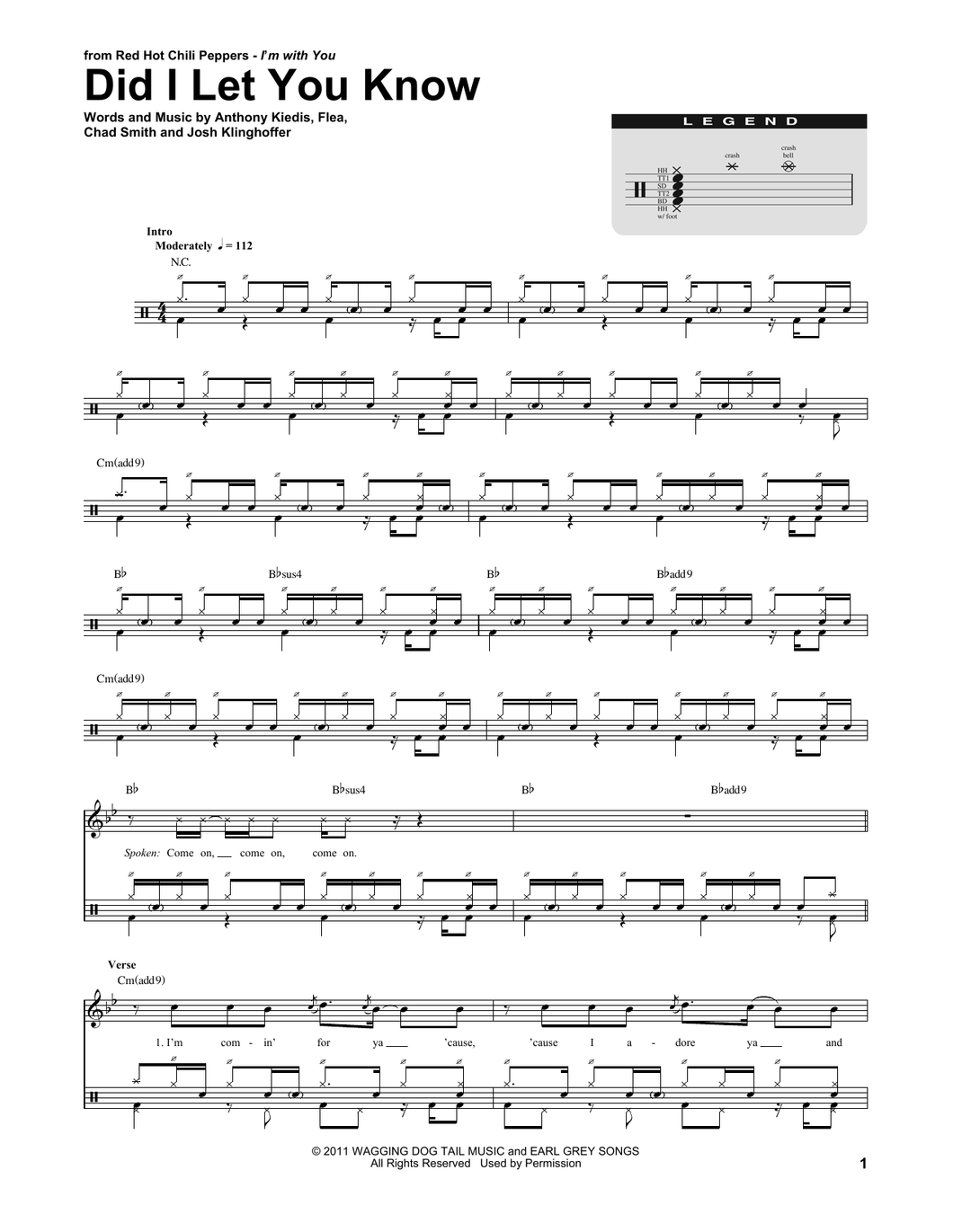 Did I Let You Know - Red Hot Chili Peppers - Full Drum Transcription / Drum Sheet Music - SheetMusicDirect DT