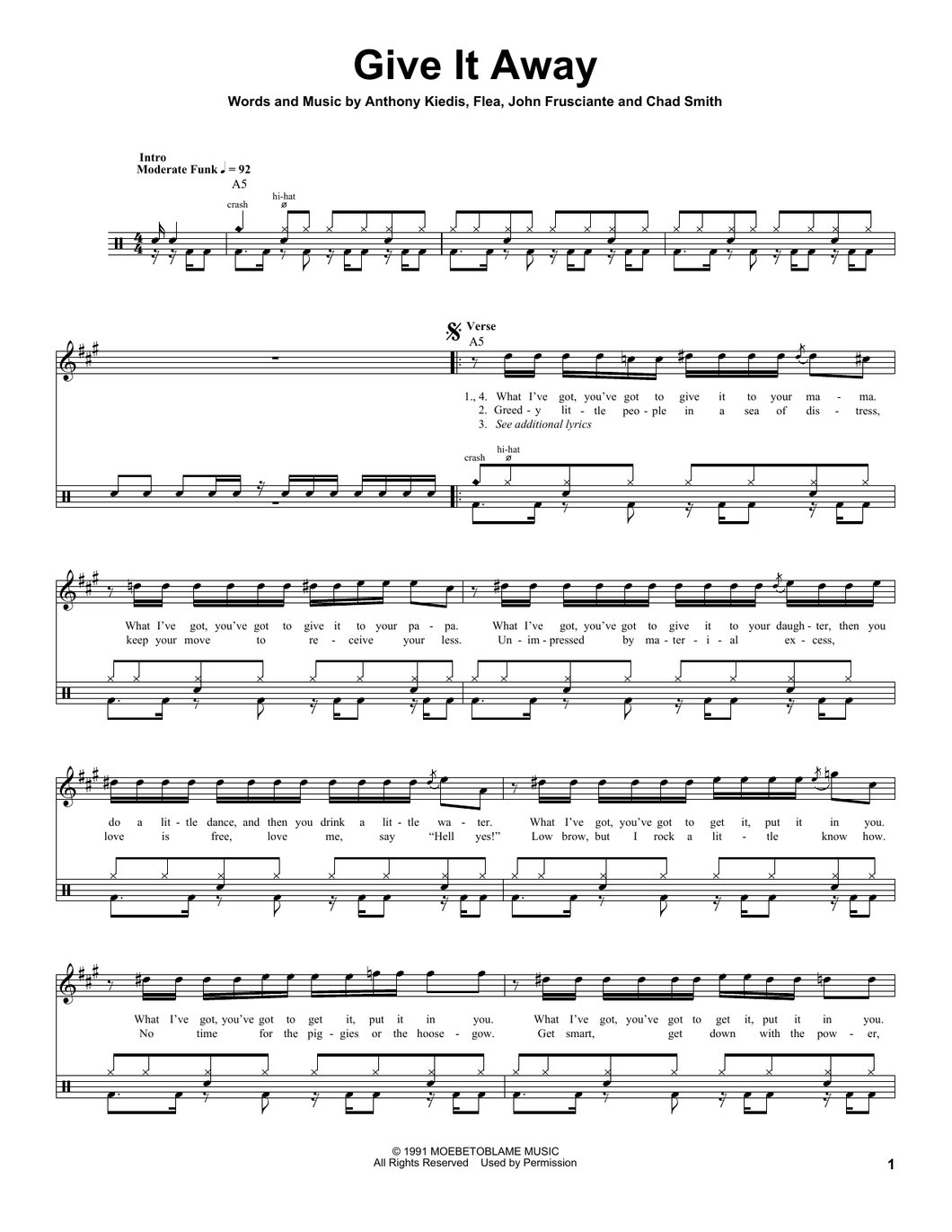 Give It Away Red Hot Chili Peppers Drum Sheet Music