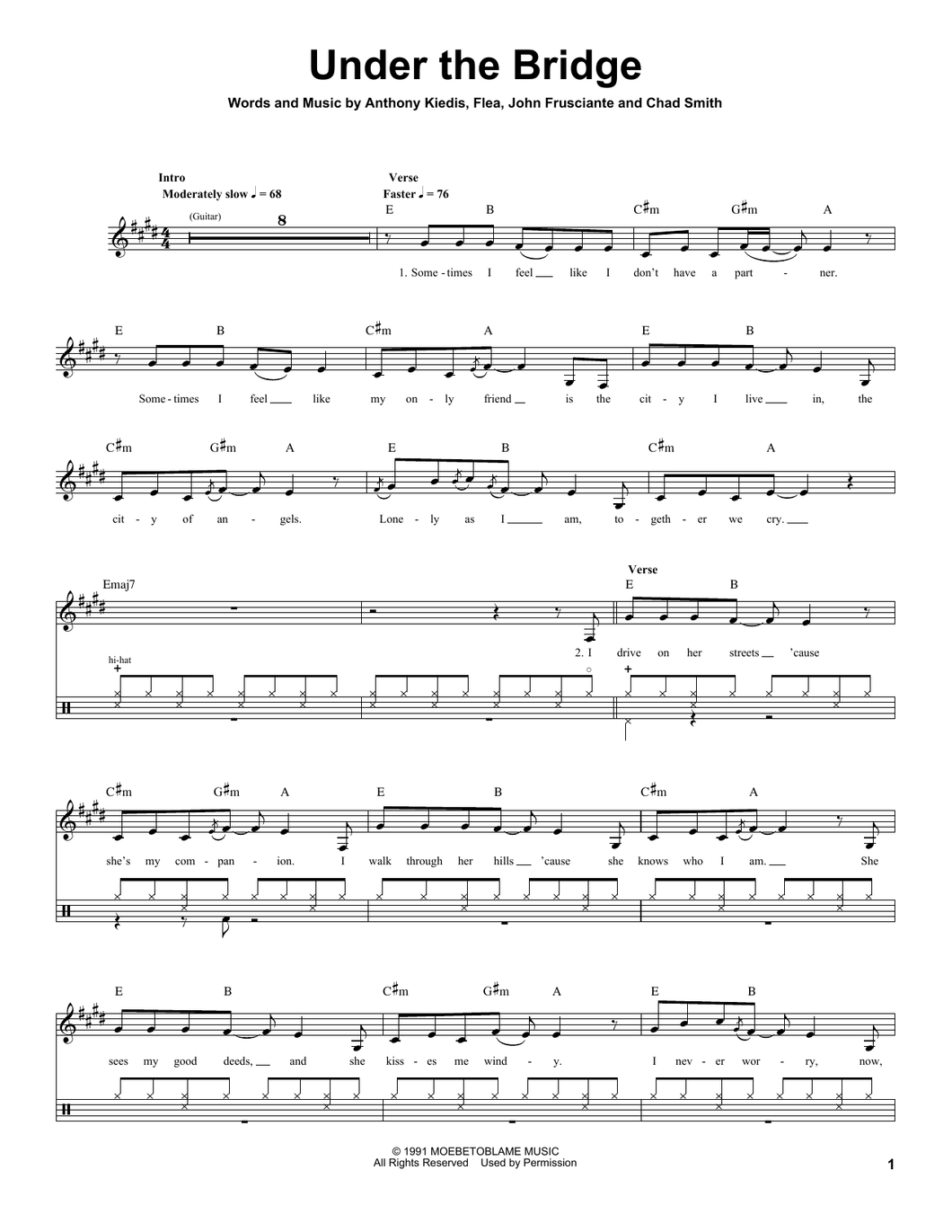 Under the Bridge - Red Hot Chili Peppers - Full Drum Transcription / Drum Sheet Music - SheetMusicDirect DT174331