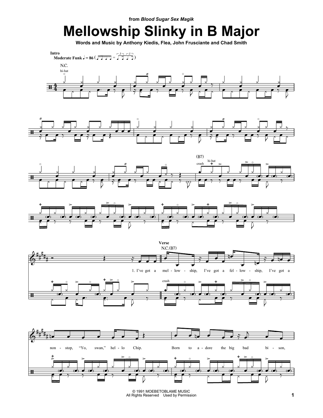 Mellowship Slinky in B Major - Red Hot Chili Peppers - Full Drum Transcription / Drum Sheet Music - SheetMusicDirect DT