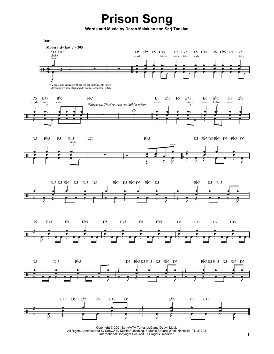 Prison Song - System of a Down - Full Drum Transcription / Drum Sheet Music - SheetMusicDirect DT