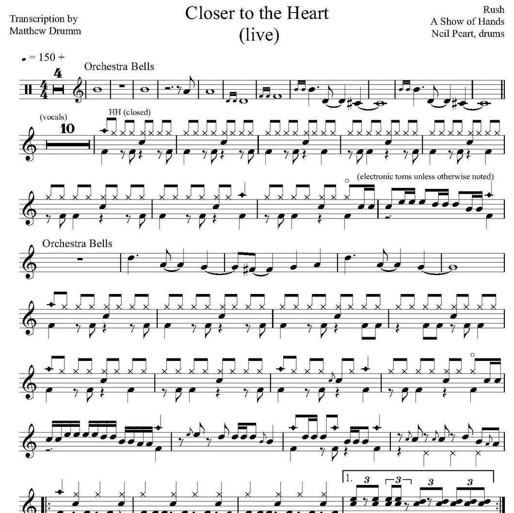 Closer to the Heart (Live in Birmingham 1988 on Hold Your Fire Tour from a Show of Hands) - Rush - Collection of Drum Transcriptions / Drum Sheet Music - Drumm Transcriptions