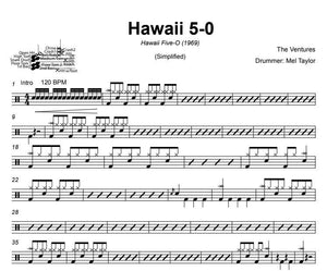 Hawaii 5-0 - The Ventures - Simplified Drum Transcription / Drum Sheet Music - DrumSetSheetMusic.com