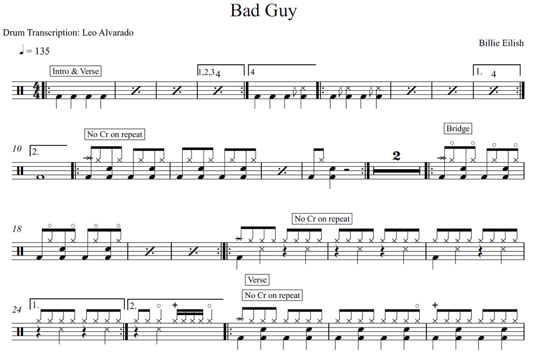 Bad Guy - Billie Eilish - Full Drum Transcription / Drum Sheet Music - Leo Alvarado