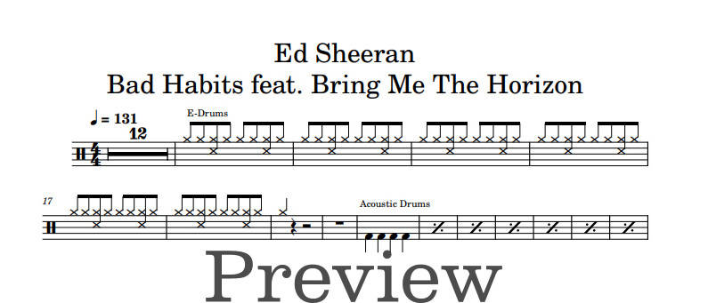 Bad Habits (feat. Bring Me The Horizon) - Ed Sheeran - Full Drum Transcription / Drum Sheet Music - DrumonDrummer