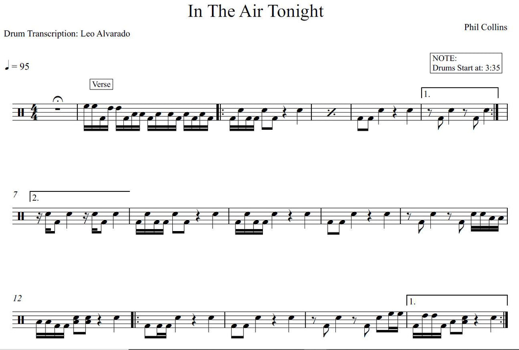 In the Air Tonight - Phil Collins - Full Drum Transcription / Drum Sheet Music - Leo Alvarado
