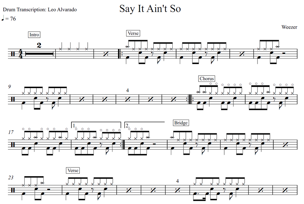 Say It Ain't So - Weezer - Full Drum Transcription / Drum Sheet Music - Leo Alvarado