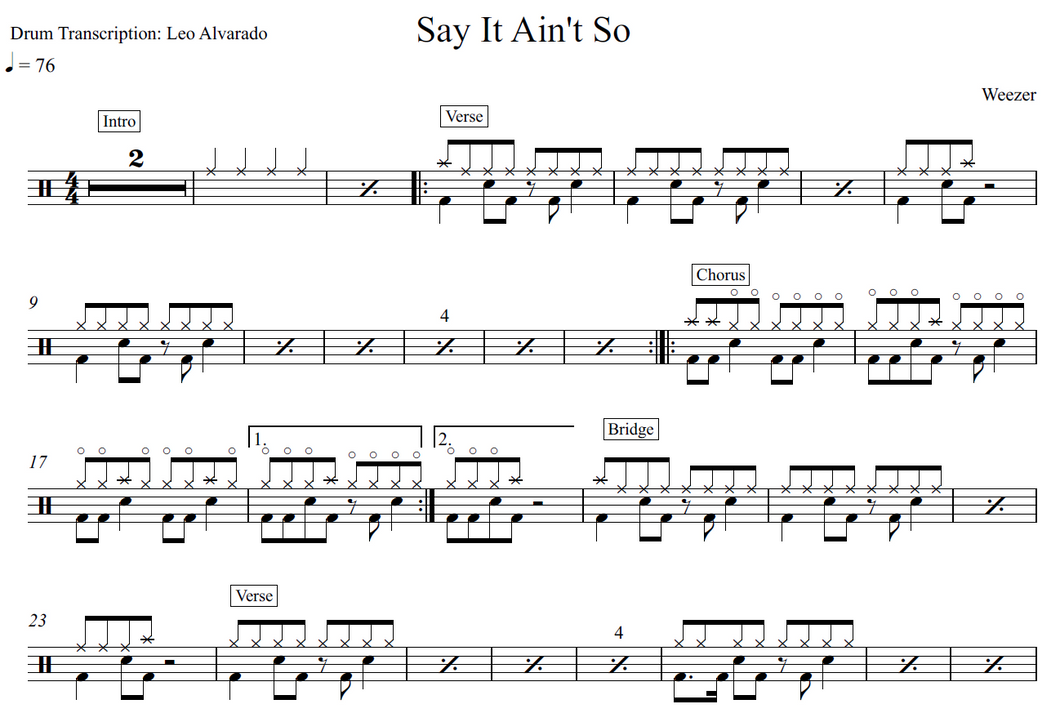 Say It Ain't So - Weezer - Drum Sheet Music - Leo Alvarado ...