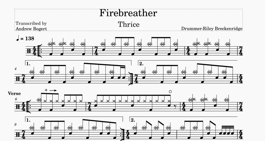 Firebreather - Thrice - Full Drum Transcription / Drum Sheet Music - Andrew Bogert