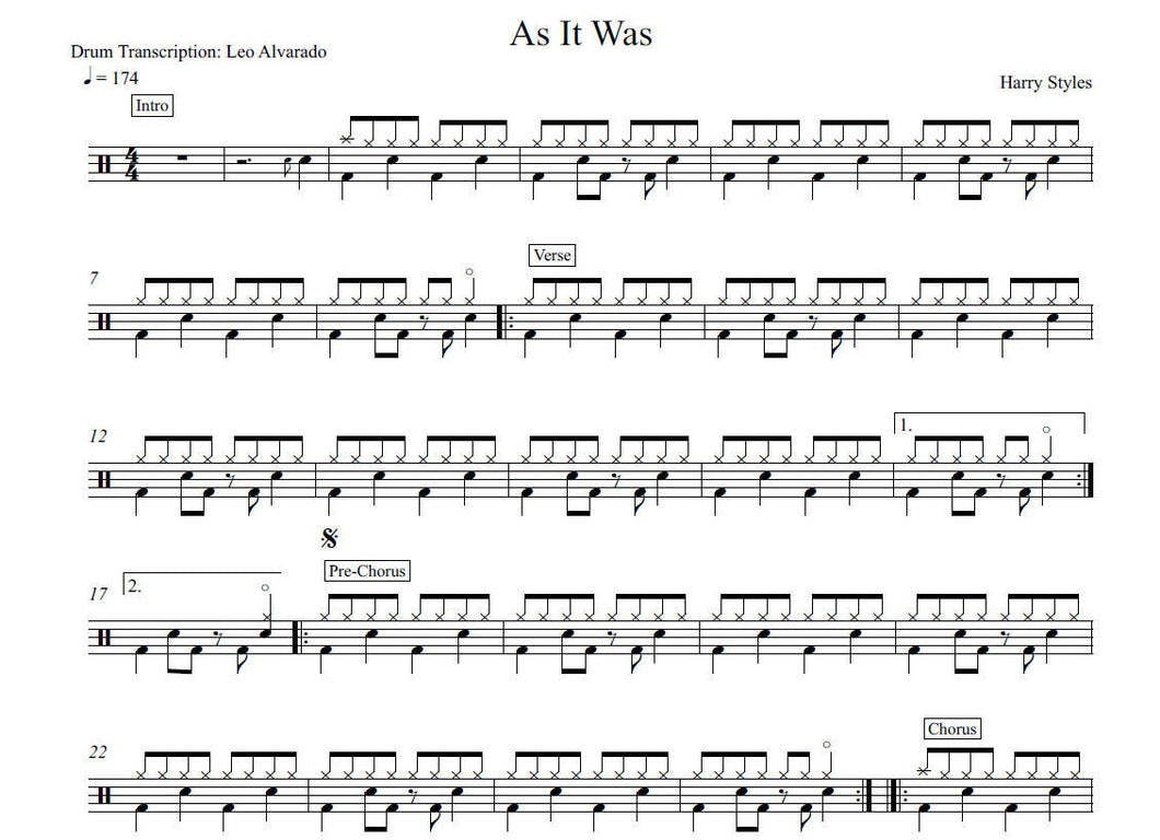As it Was - Harry Styles - Full Drum Transcription / Drum Sheet Music - Leo Alvarado