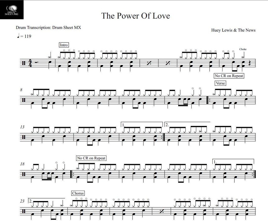 The Power of Love - Huey Lewis and the News - Full Drum Transcription / Drum Sheet Music - Drum Sheet MX