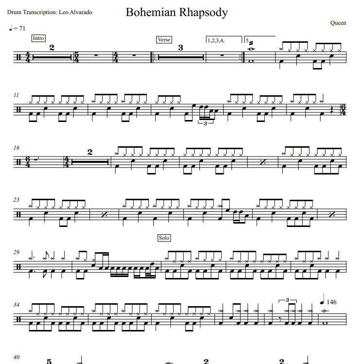 Bohemian Rhapsody - Queen - Full Drum Transcription / Drum Sheet Music - Leo Alvarado