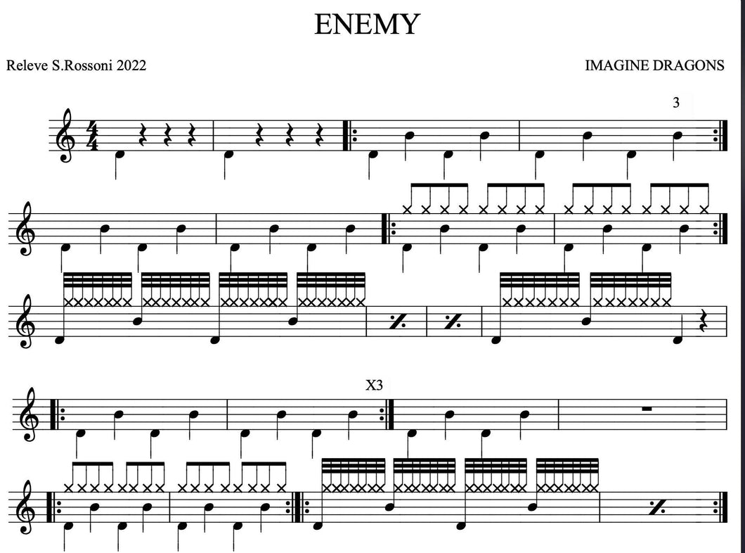 Enemy (feat. J.I.D) - Imagine Dragons - Full Drum Transcription / Drum Sheet Music - Rossoni