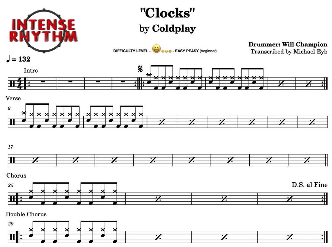 Clocks - Coldplay - Full Drum Transcription / Drum Sheet Music - Intense Rhythm Drum Studios
