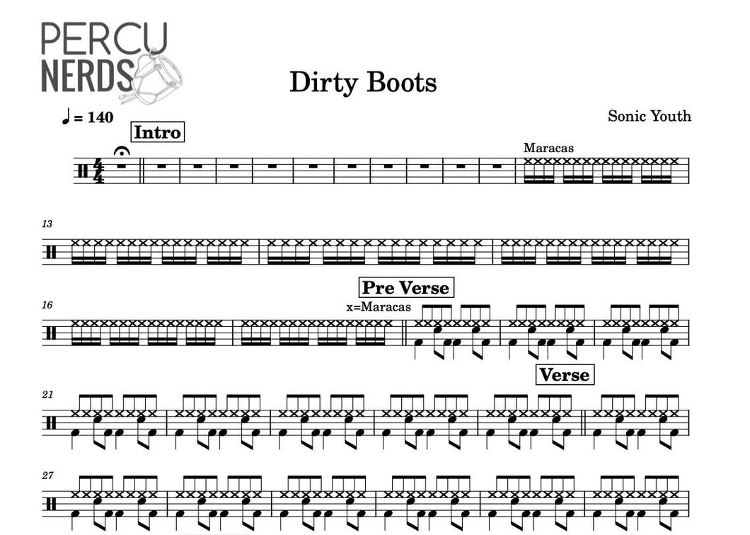 Dirty Boots - Sonic Youth - Full Drum Transcription / Drum Sheet Music - Percunerds Transcriptions