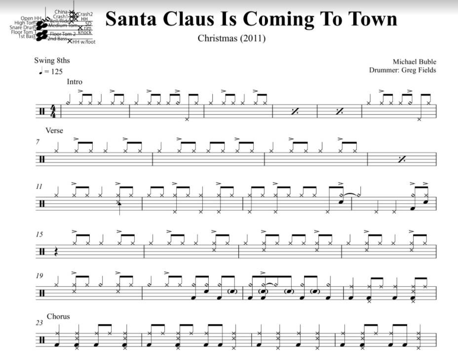 Santa Claus Is Coming to Town - Michael Bublé - Full Drum Transcription / Drum Sheet Music - DrumSetSheetMusic.com