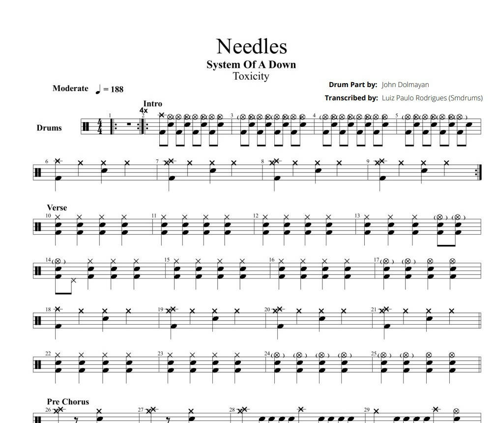 Needles - System of a Down - Full Drum Transcription / Drum Sheet Music - Smdrums