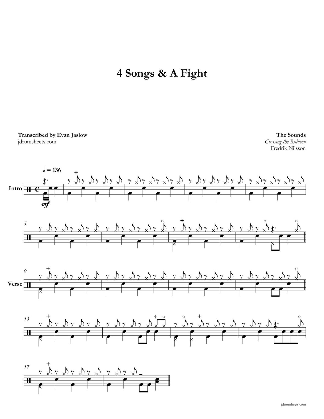 4 Songs & a Fight - The Sounds - Full Drum Transcription / Drum Sheet Music - Jaslow Drum Sheets