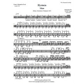 Hysteria - Muse - Full Drum Transcription / Drum Sheet Music - DrumScoreWorld.com