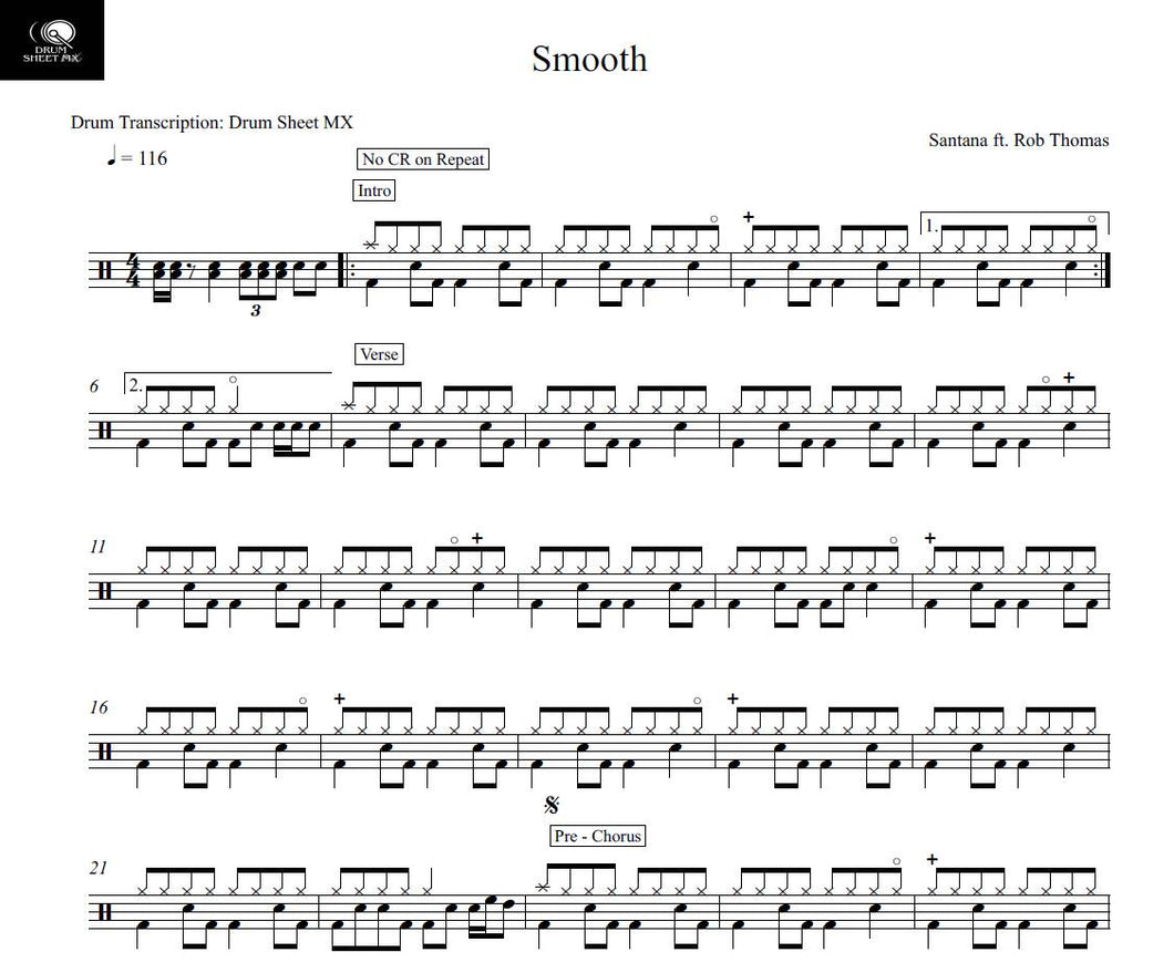 Smooth (feat. Rob Thomas) - Santana - Full Drum Transcription / Drum Sheet Music - Drum Sheet MX