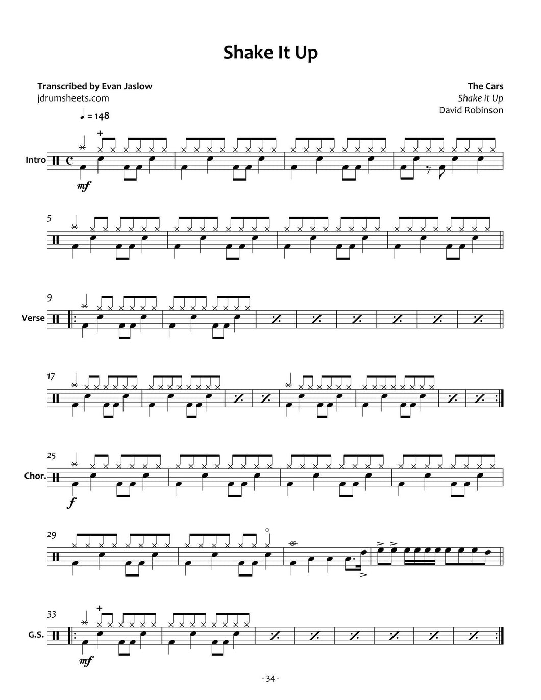 Shake It Up - The Cars - Full Drum Transcription / Drum Sheet Music - Jaslow Drum Sheets