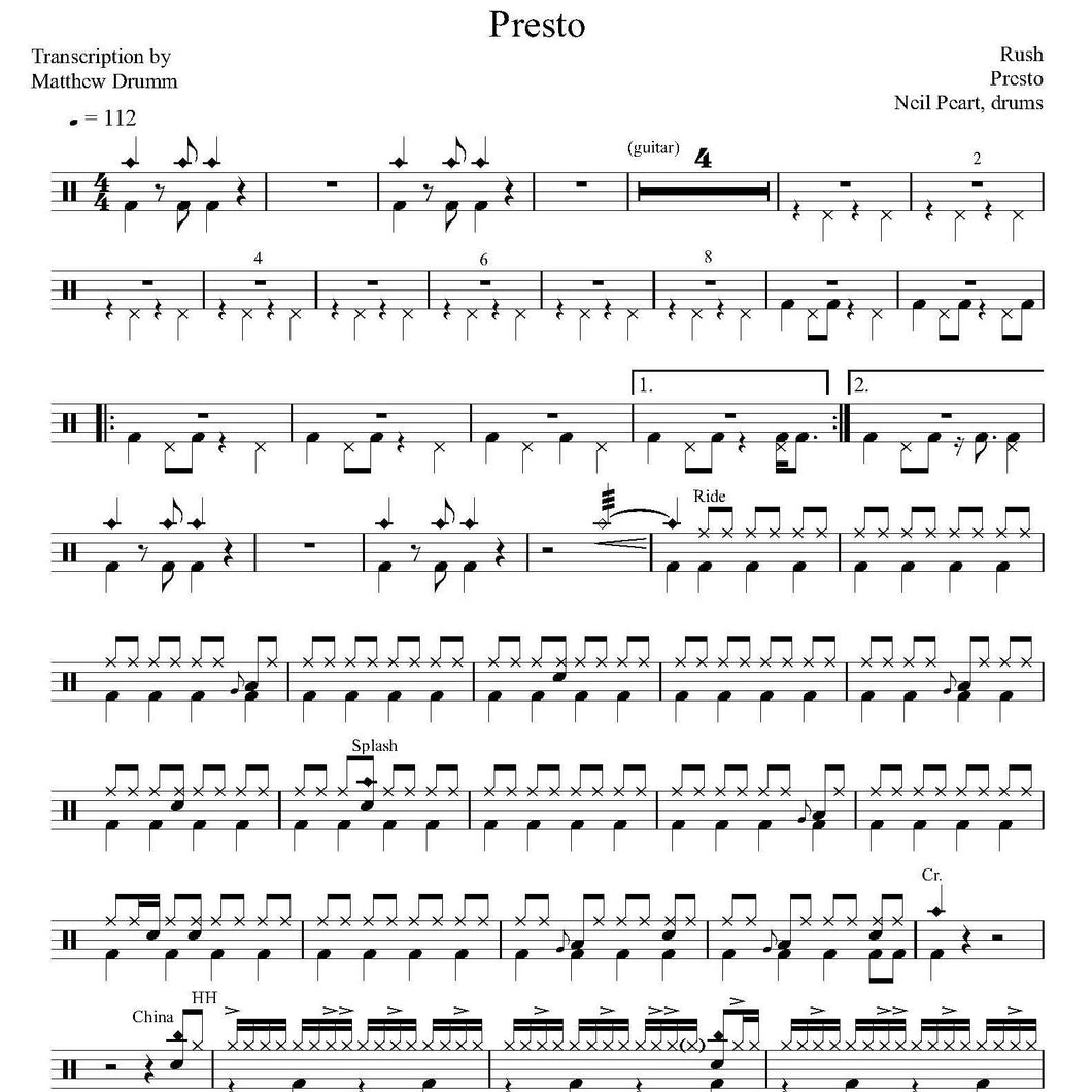 Presto - Rush - Collection of Drum Transcriptions / Drum Sheet Music - Drumm Transcriptions