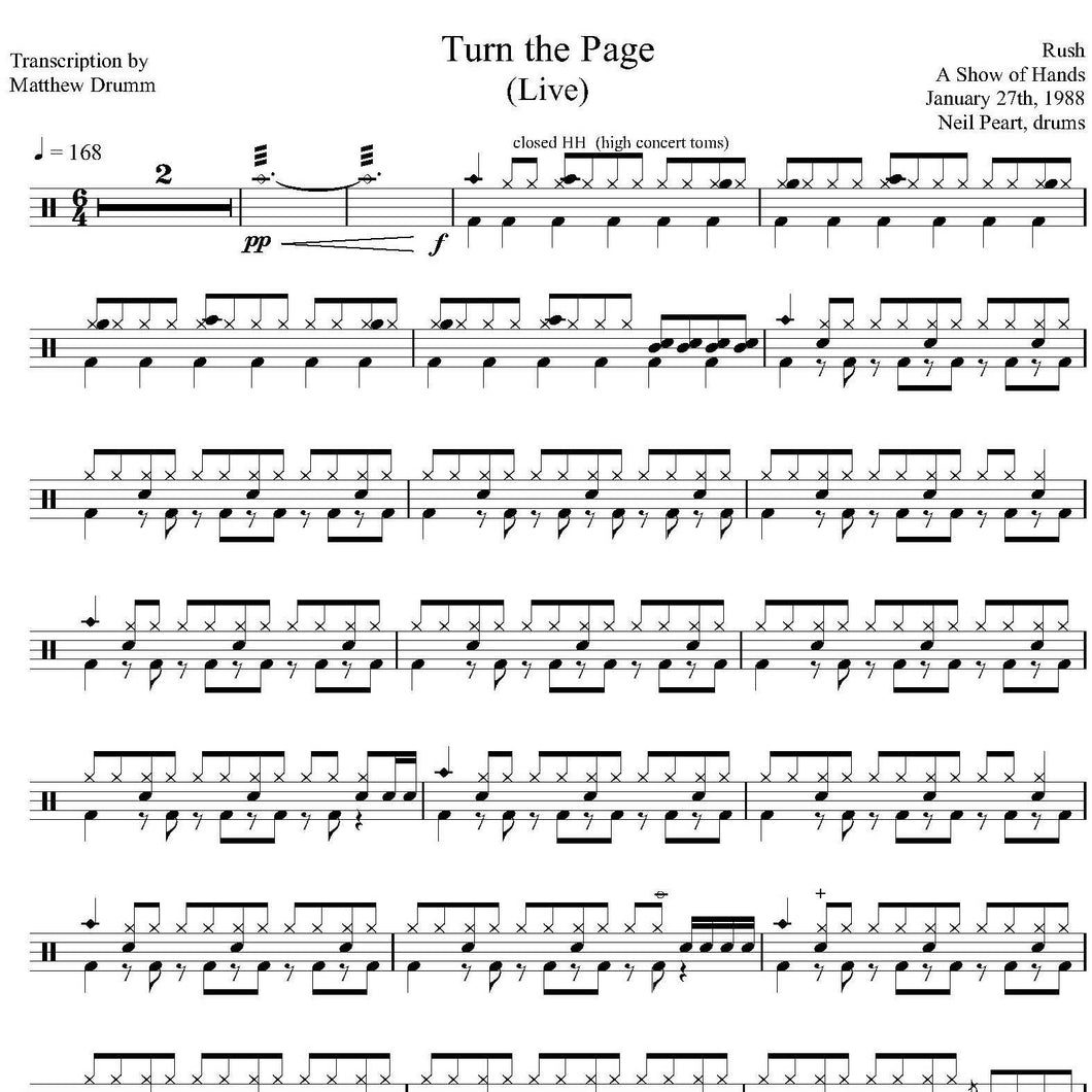 Turn the Page (Live in New Orleans 1988 on Hold Your Fire Tour from a Show of Hands) - Rush - Collection of Drum Transcriptions / Drum Sheet Music - Drumm Transcriptions