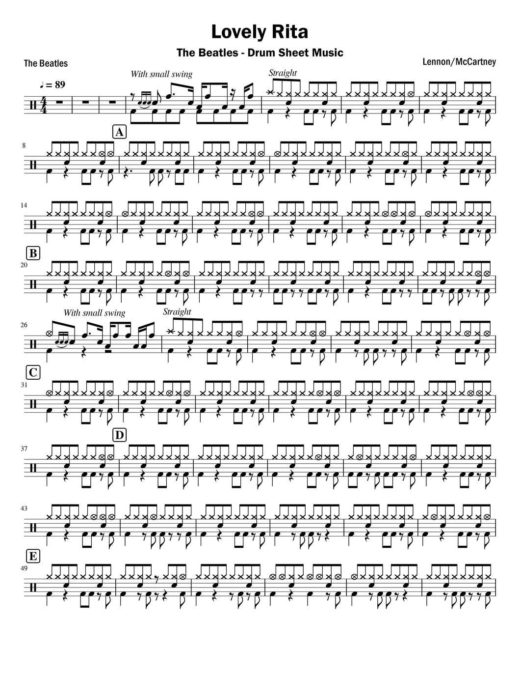 Lovely Rita - The Beatles - Full Drum Transcription / Drum Sheet Music - Vince’s Scores