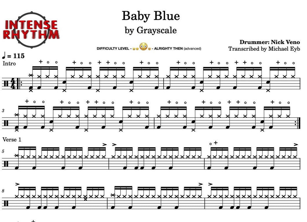 Baby Blue - Grayscale - Full Drum Transcription / Drum Sheet Music - Intense Rhythm Drum Studios