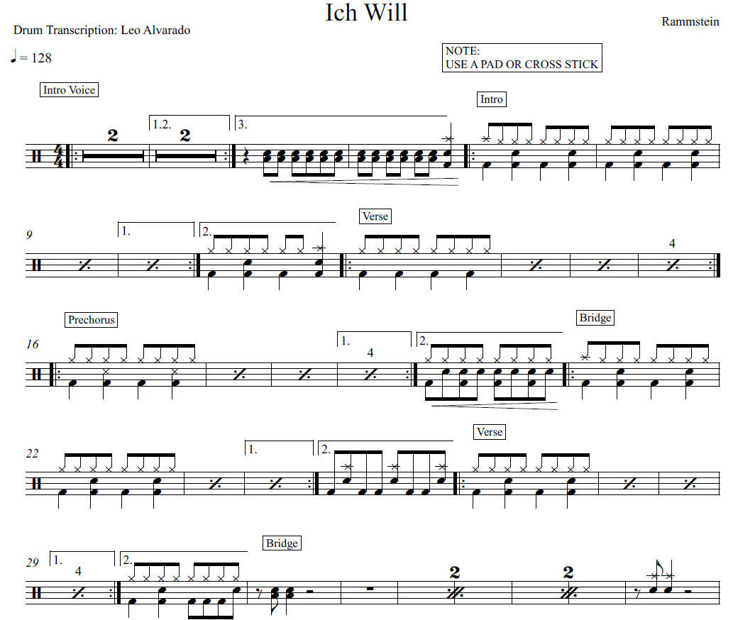 Ich Will - Rammstein - Full Drum Transcription / Drum Sheet Music - Leo Alvarado