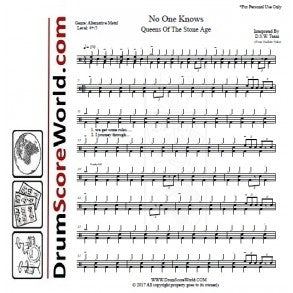 No One Knows - Queens of the Stone Age - Full Drum Transcription / Drum Sheet Music - DrumScoreWorld.com