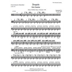 Dragula - Rob Zombie - Full Drum Transcription / Drum Sheet Music - DrumScoreWorld.com