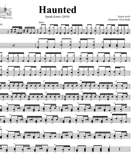 Haunted - Taylor Swift - Full Drum Transcription / Drum Sheet Music - DrumSetSheetMusic.com