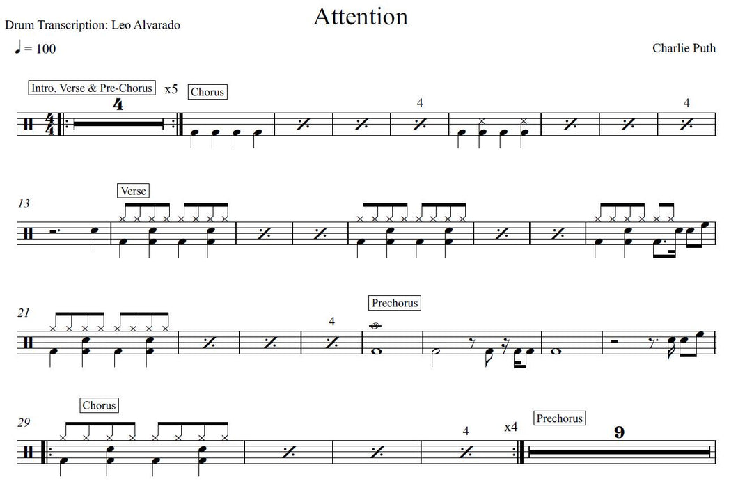 Attention - Charlie Puth - Full Drum Transcription / Drum Sheet Music - Leo Alvarado