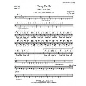 Cheap Thrills - Sia - Full Drum Transcription / Drum Sheet Music - DrumScoreWorld.com