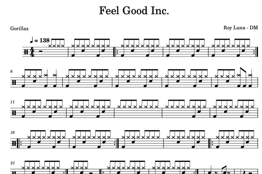 Feel Good Inc. (feat. De La Soul) - Gorillaz - Full Drum Transcription / Drum Sheet Music - Roy