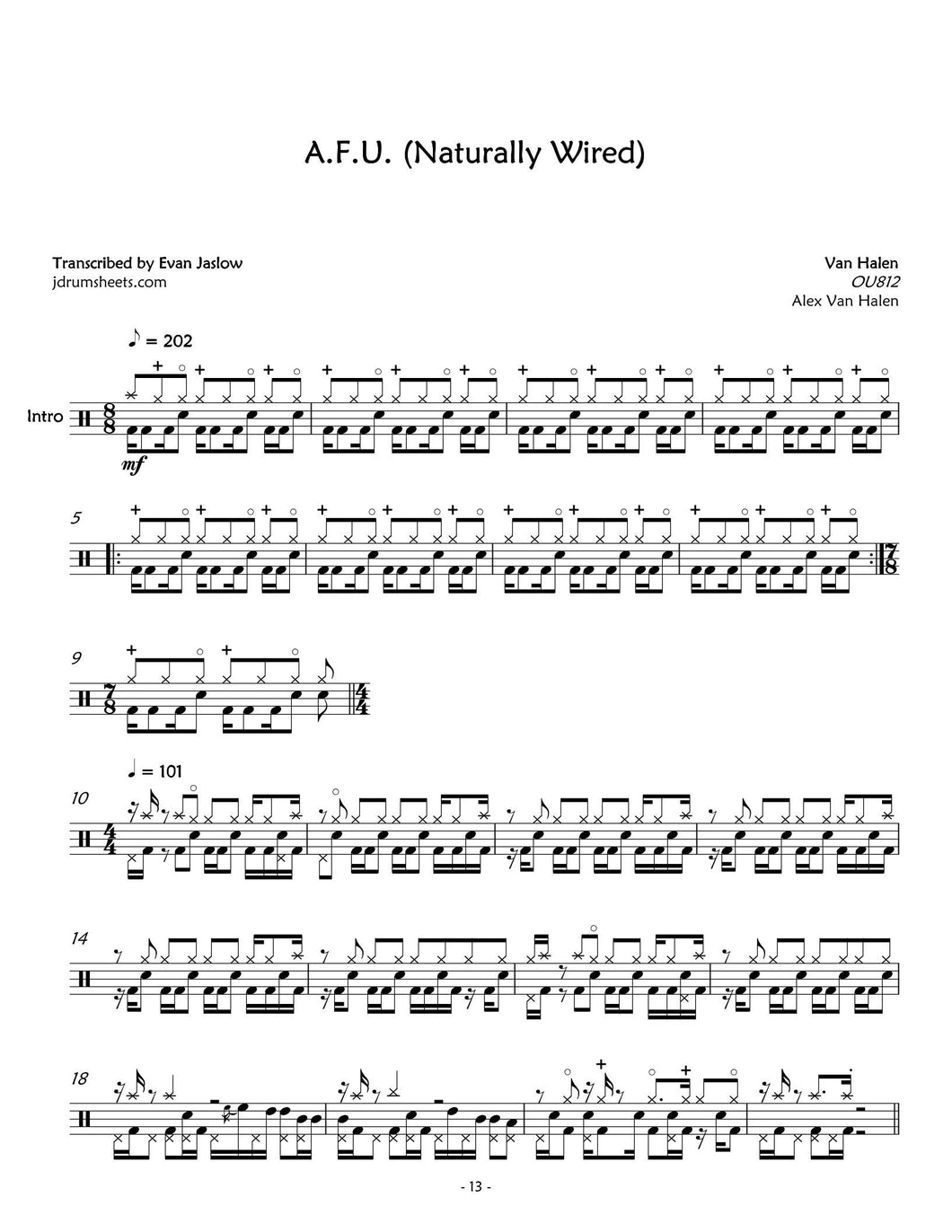 A.F.U. (Naturally Wired) - Van Halen - Full Drum Transcription / Drum Sheet Music - Jaslow Drum Sheets