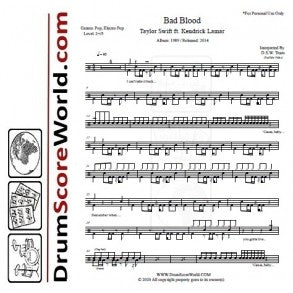 Bad Blood - Taylor Swift - Full Drum Transcription / Drum Sheet Music - DrumScoreWorld.com