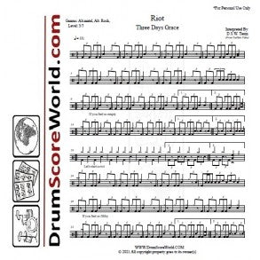 Riot - Three Days Grace - Full Drum Transcription / Drum Sheet Music - DrumScoreWorld.com