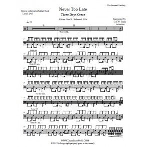 Never Too Late - Three Days Grace - Full Drum Transcription / Drum Sheet Music - DrumScoreWorld.com