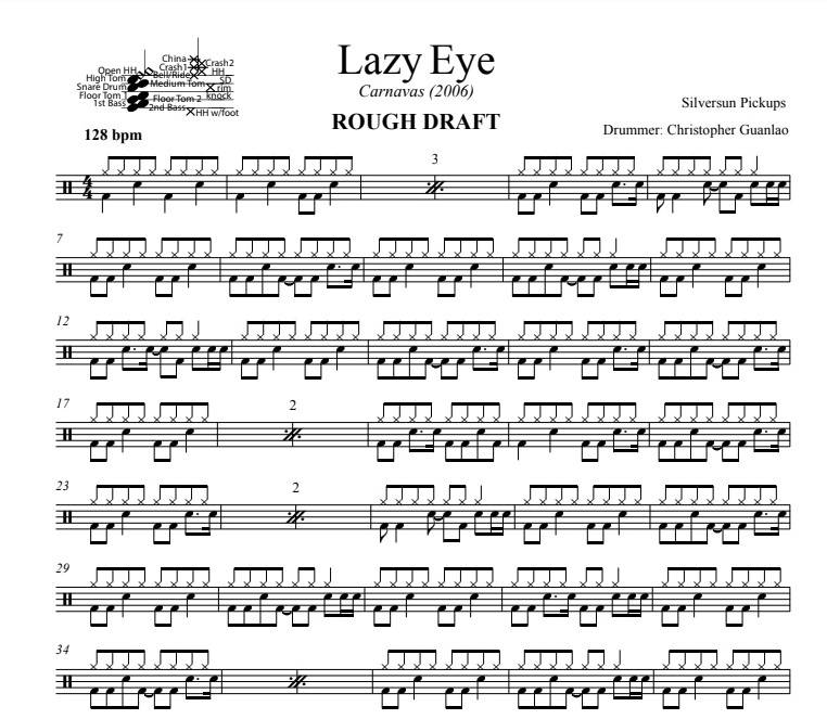 Lazy Eye - Silversun Pickups - Rough Draft Drum Transcription / Drum Sheet Music - DrumSetSheetMusic.com