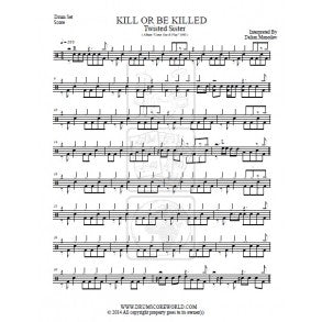 Kill or Be Killed - Twisted Sister - Full Drum Transcription / Drum Sheet Music - DrumScoreWorld.com
