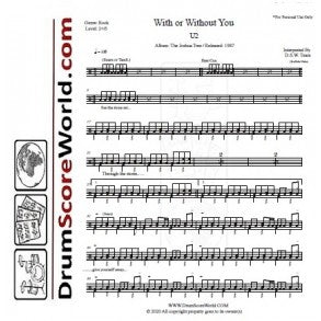With or Without You - U2 (The Band) - Full Drum Transcription / Drum Sheet Music - DrumScoreWorld.com
