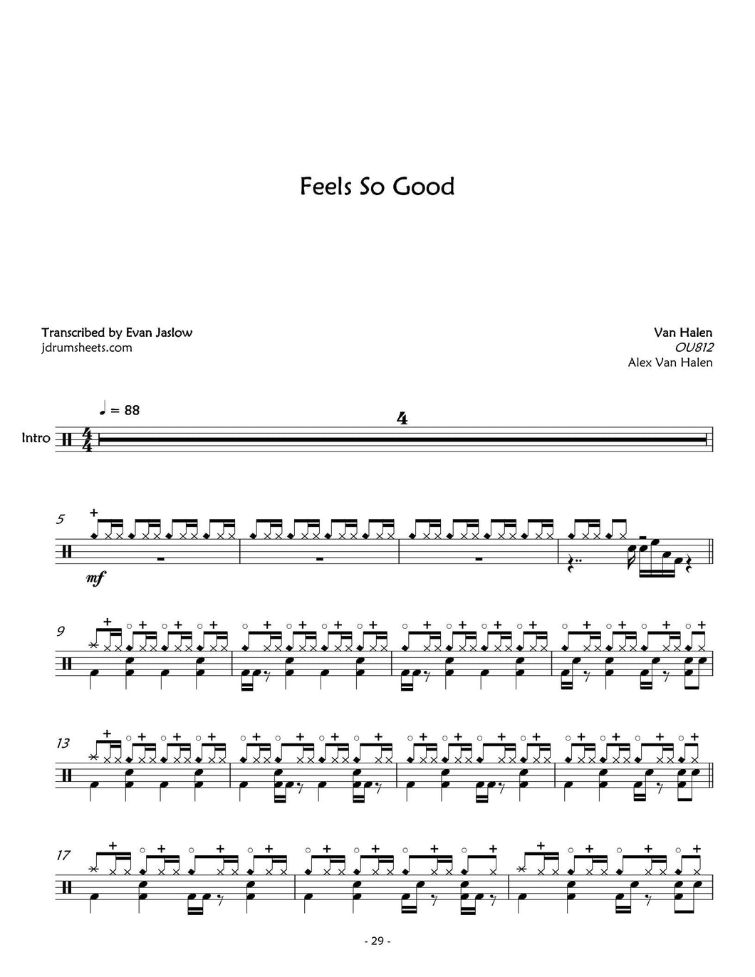 Feels So Good - Van Halen - Full Drum Transcription / Drum Sheet Music - Jaslow Drum Sheets